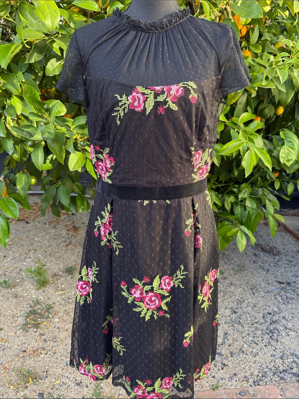Adrianna Papell Black Midi Dress with Pink Rose Embroidery 12 large cross stitch